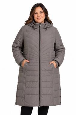 Bernardo Hooded Quilted Puffer Coat Taupe Gray Longline Winter Jacket 2X